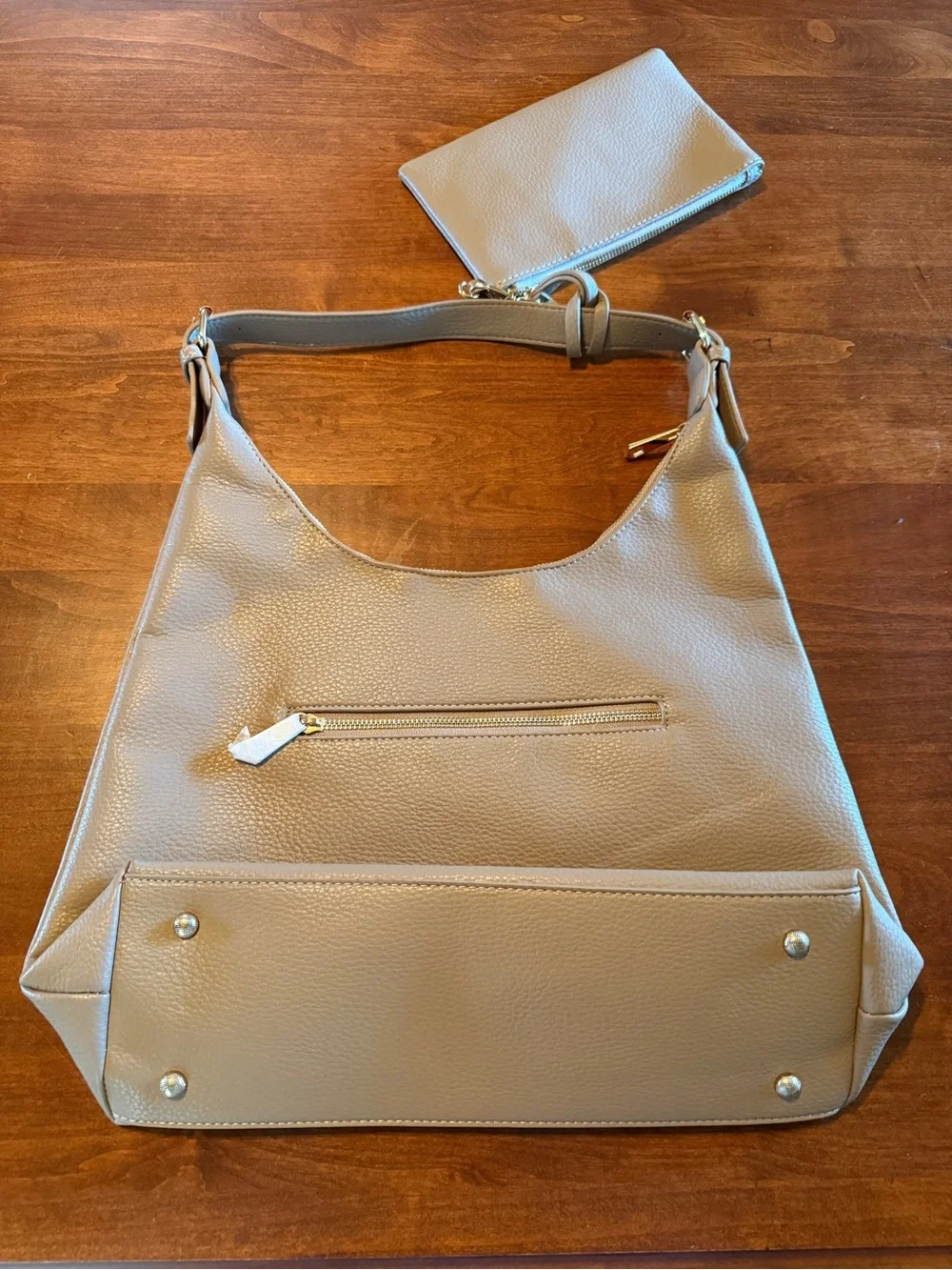 Isabelle Pebbled Hobo Shoulder Bag w/ Gold Hardware & Wristlet - Beige